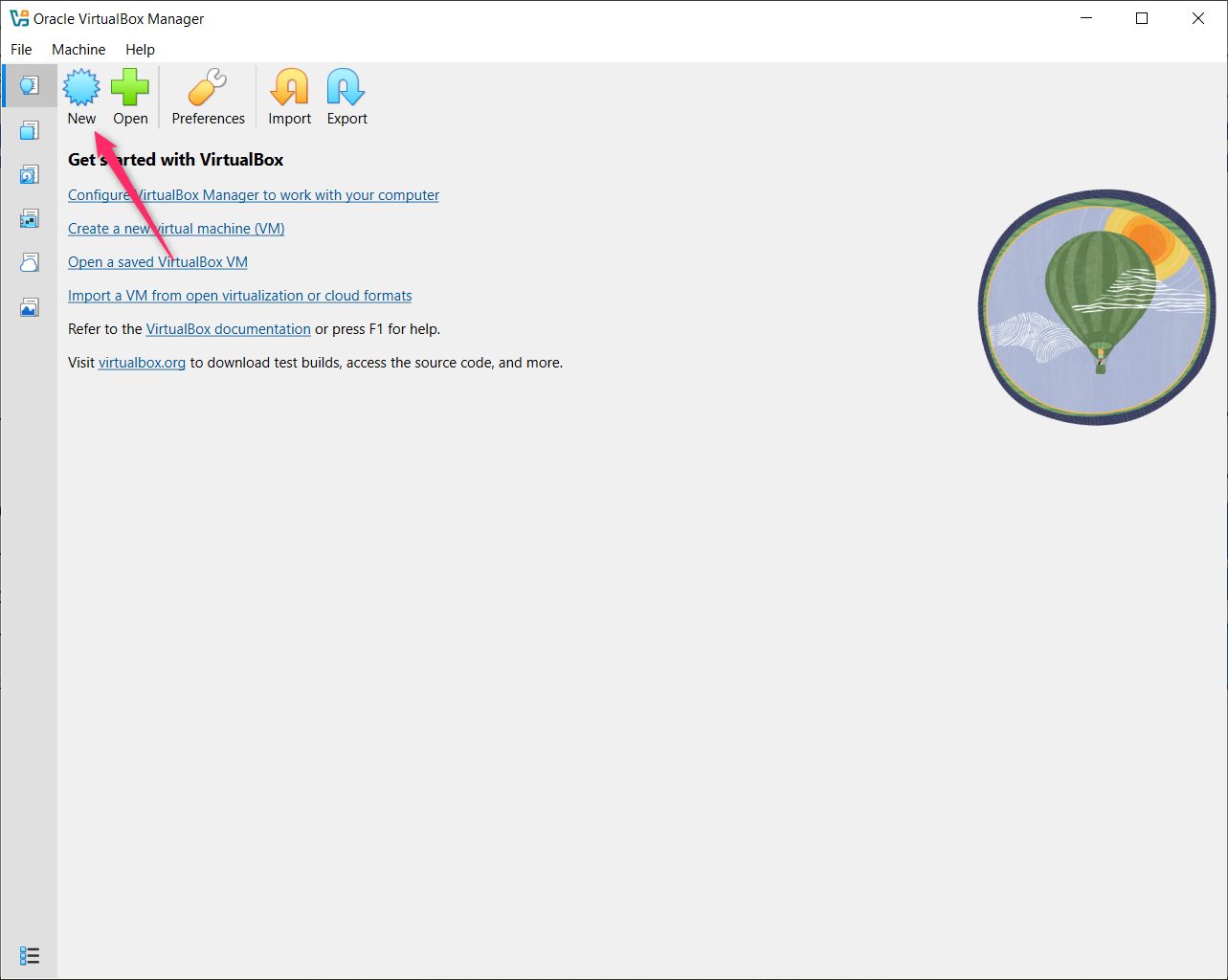 VirtualBox Manager main screen with New button highlighted